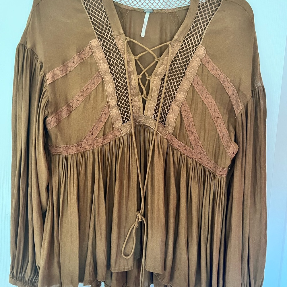 Free People Brown Lace-Up Bell Sleeve Blouse